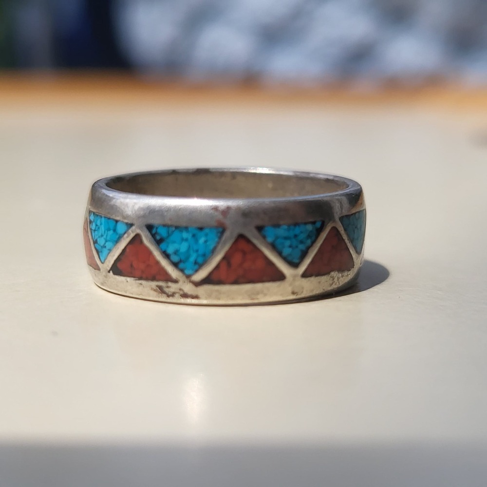 Vintage Sterling Silver Turquoise Coral Inlay Triangle Band Ring Size 7 Blue - Picture 7 of 8